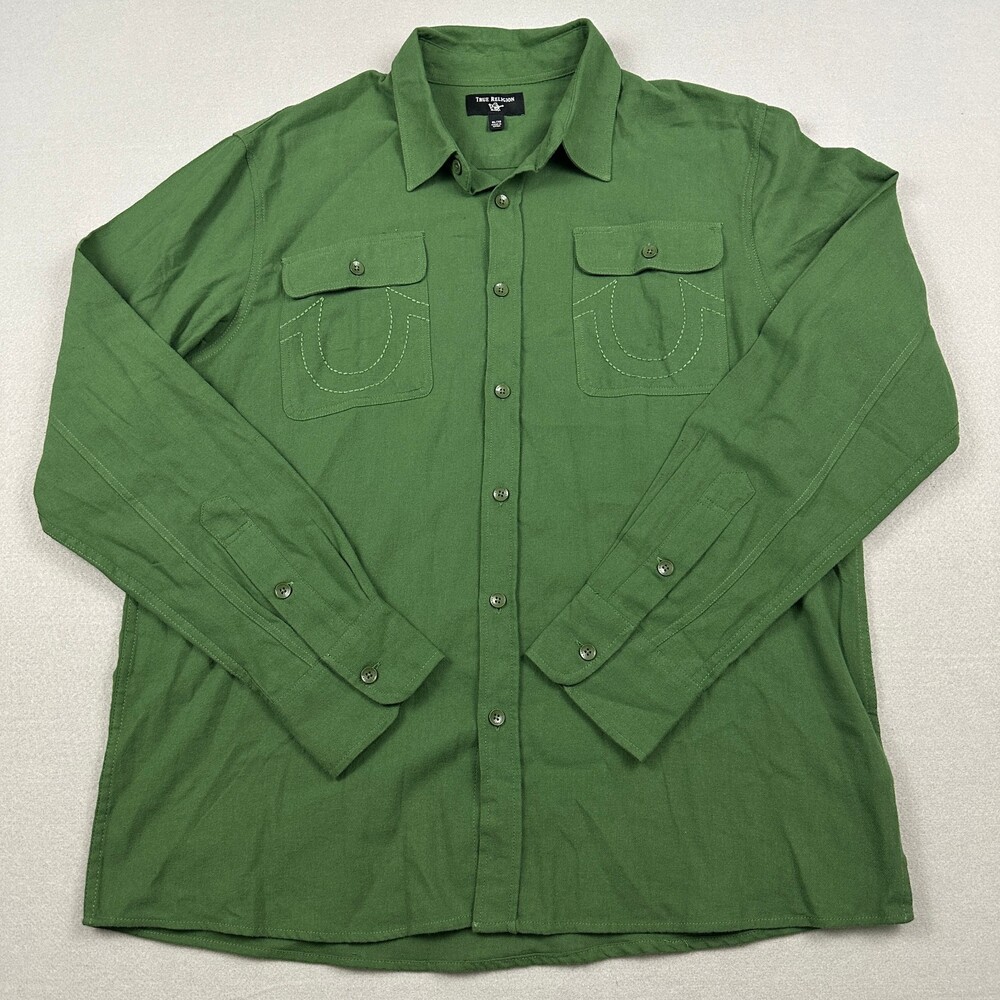 True Religion Shirt Men Extra Large Green Long Sleeve Button Up Horseshoe Pocket